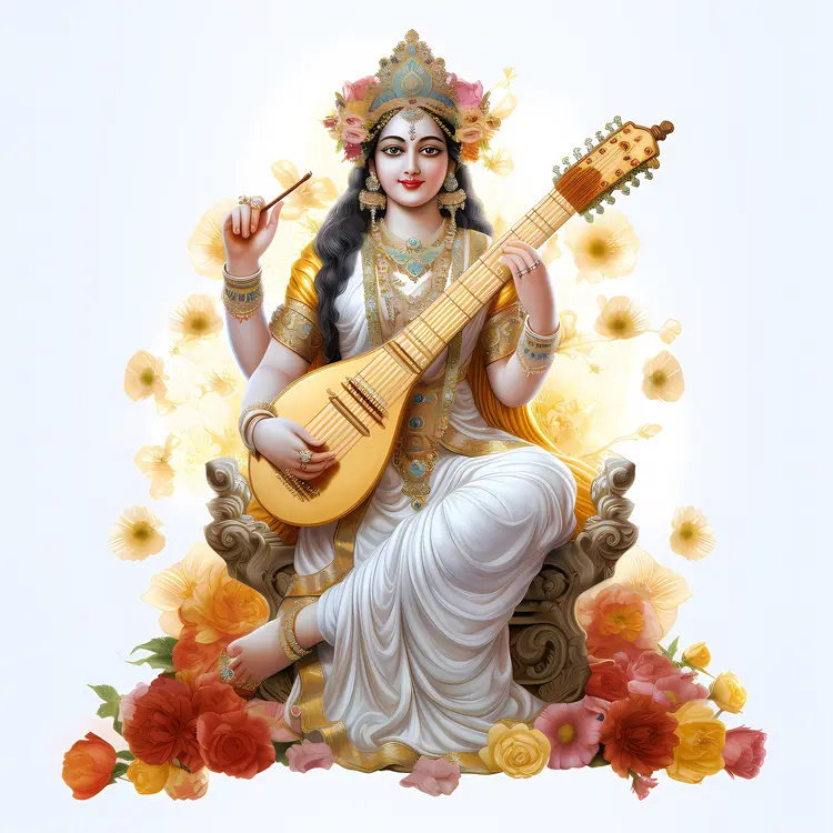 Traditional Woman Playing Veena with Flowers