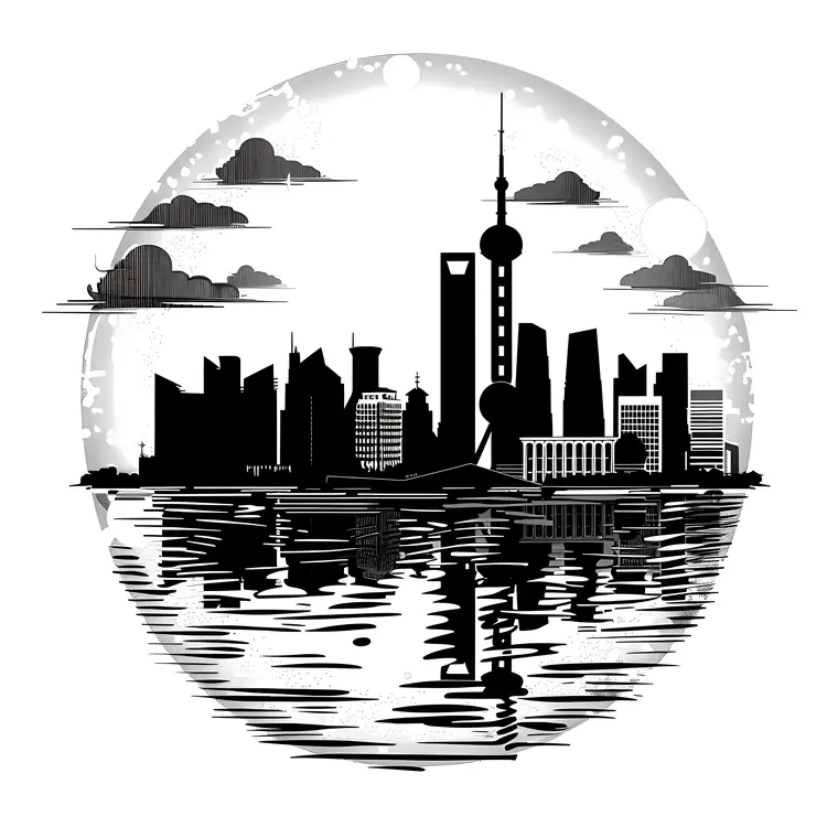 Black and White City Skyline with Reflection