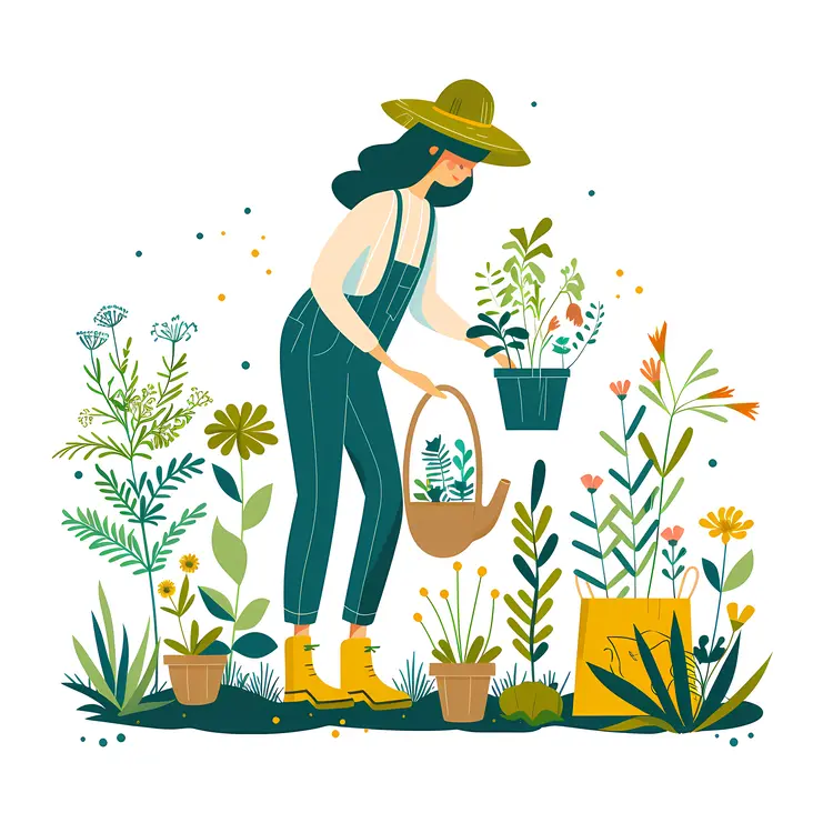 Cute Gardener Girl with Plants