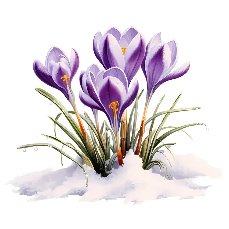 Purple Crocuses in Snowy Field