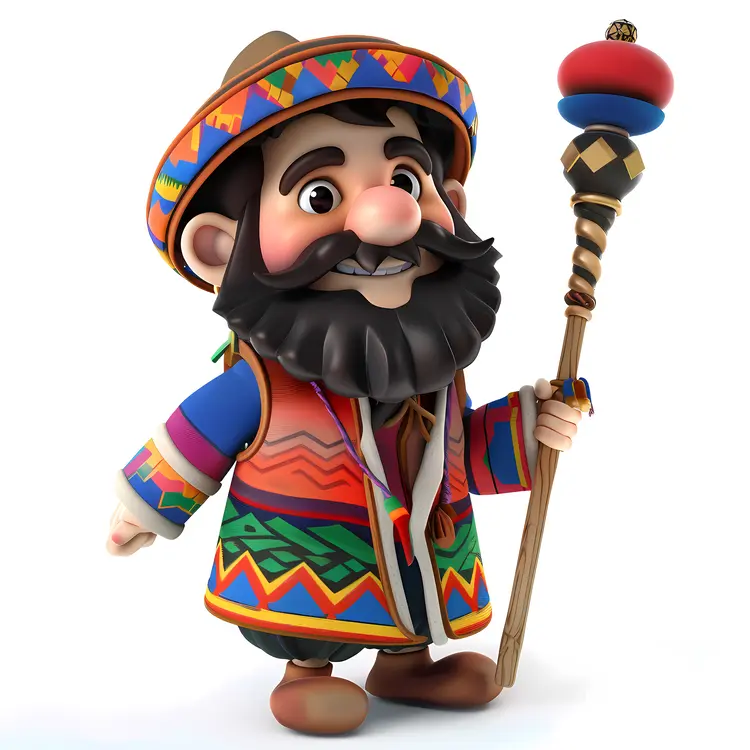Cheerful Cartoon Man with Staff