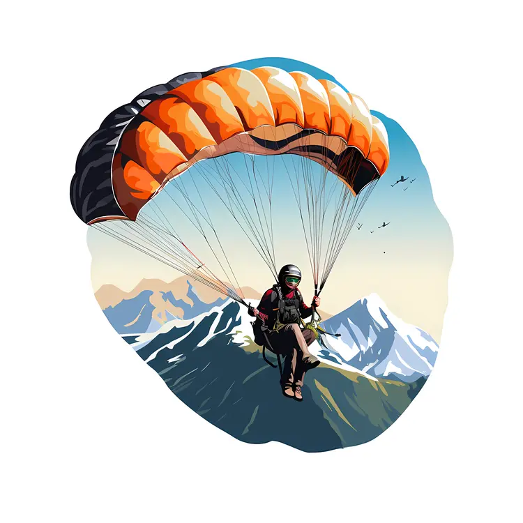 Paraglider with Orange Parachute over Mountain Landscape