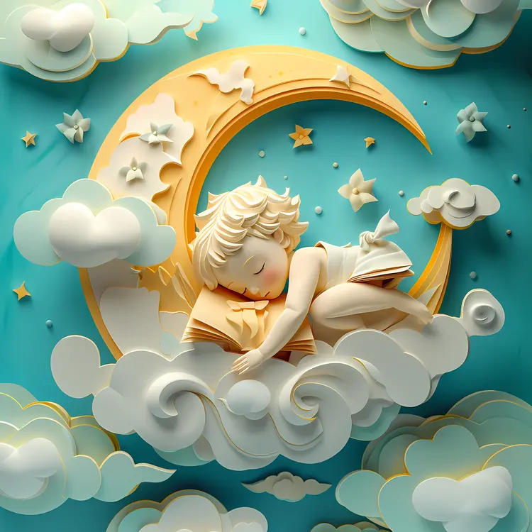 Sleeping Child on Moon with Book and Clouds