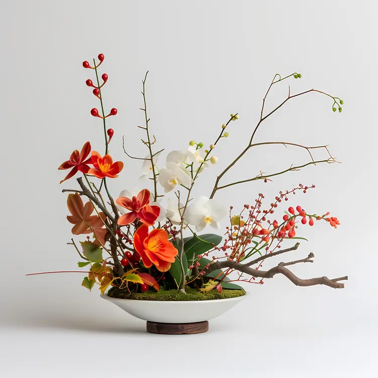 Ikebana Arrangement with White and Red Flowers