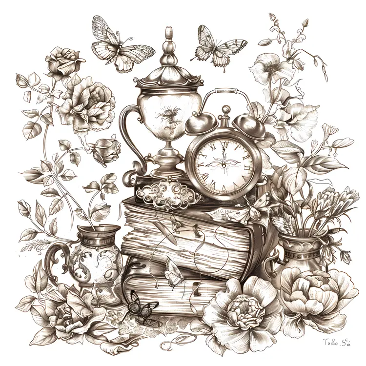 Vintage Books with Clock and Flowers