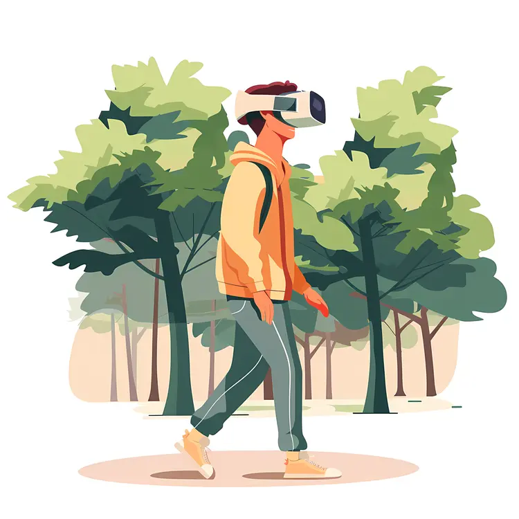 Person Walking in Park with VR Headset