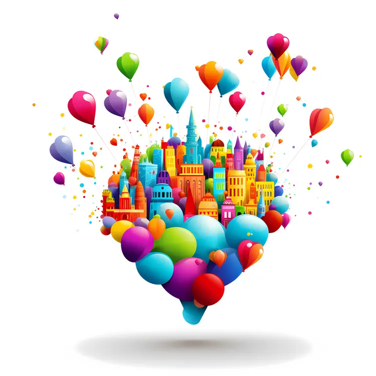 Colorful Balloons Floating Above a City