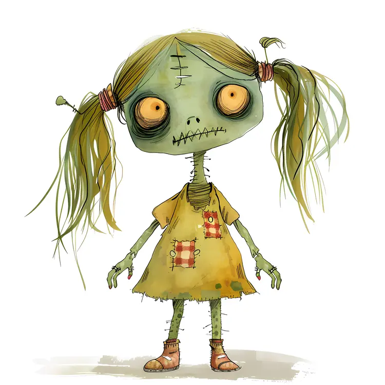 Cute Cartoon Zombie Girl with Pigtails