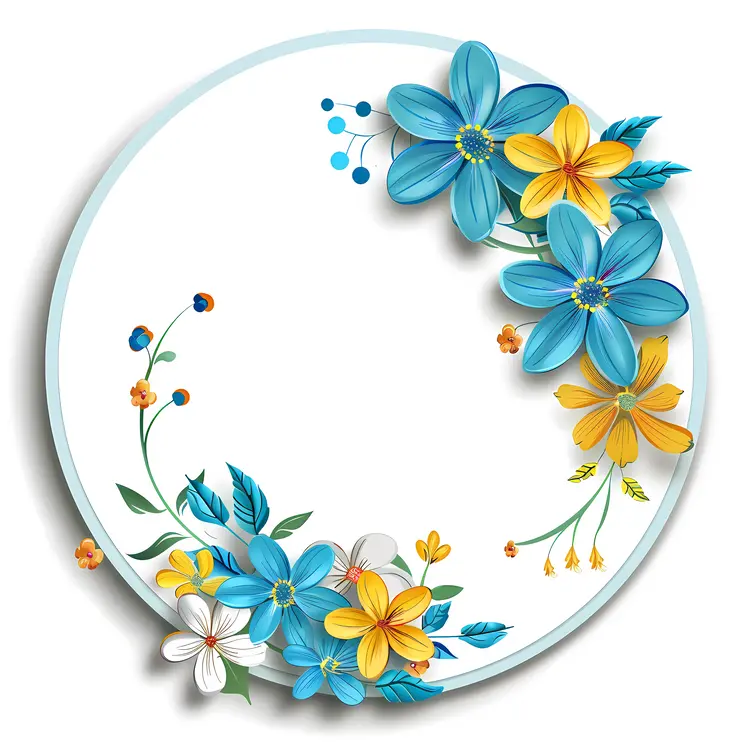 Beautiful Circular Floral Frame with Blue and Yellow Flowers