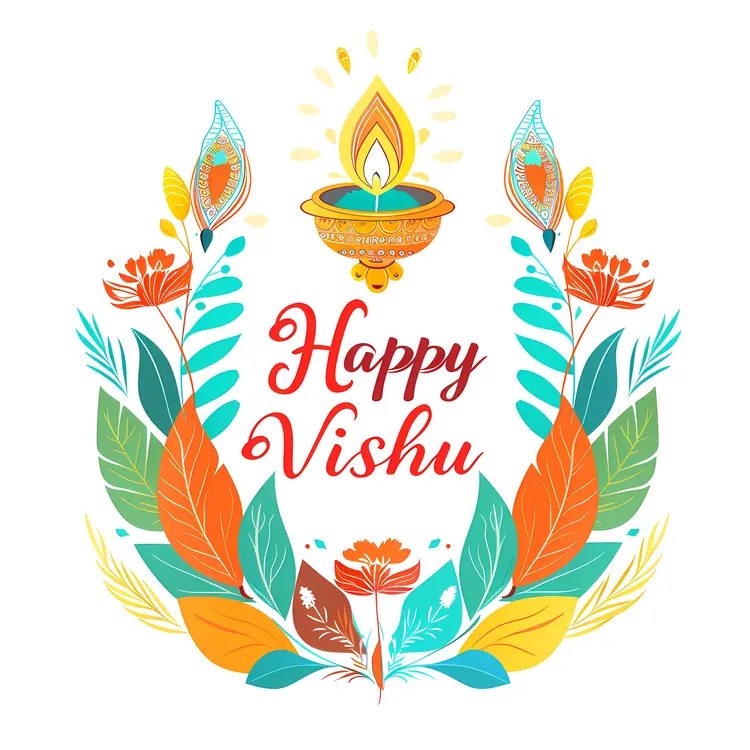 Happy Vishu Text with Lamp and Floral Design
