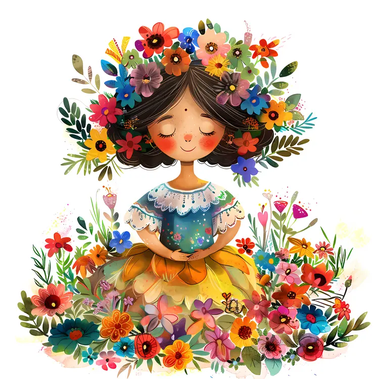 Girl with Flowers Cartoon Illustration
