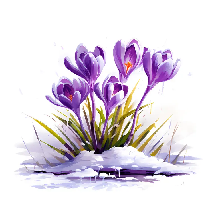 Watercolor Purple Crocuses in Snow