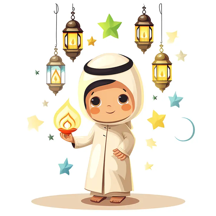 Cute Boy with Festive Lanterns for Ramadan