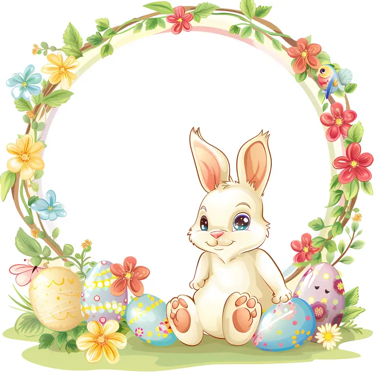 Cute Easter Bunny with Colorful Eggs and Flowers