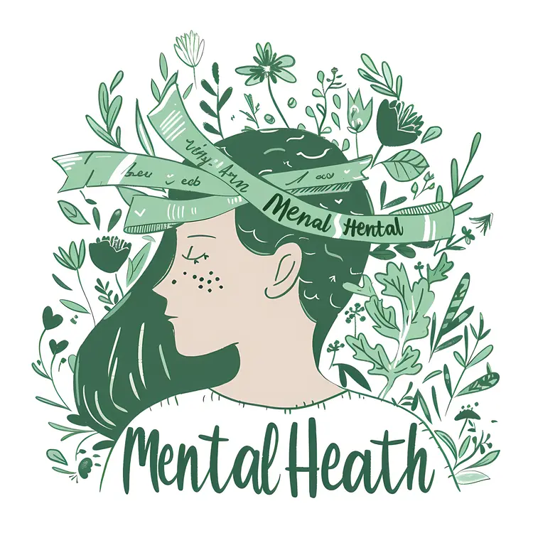 Mental Health Illustration with Flowers and Green Leaves