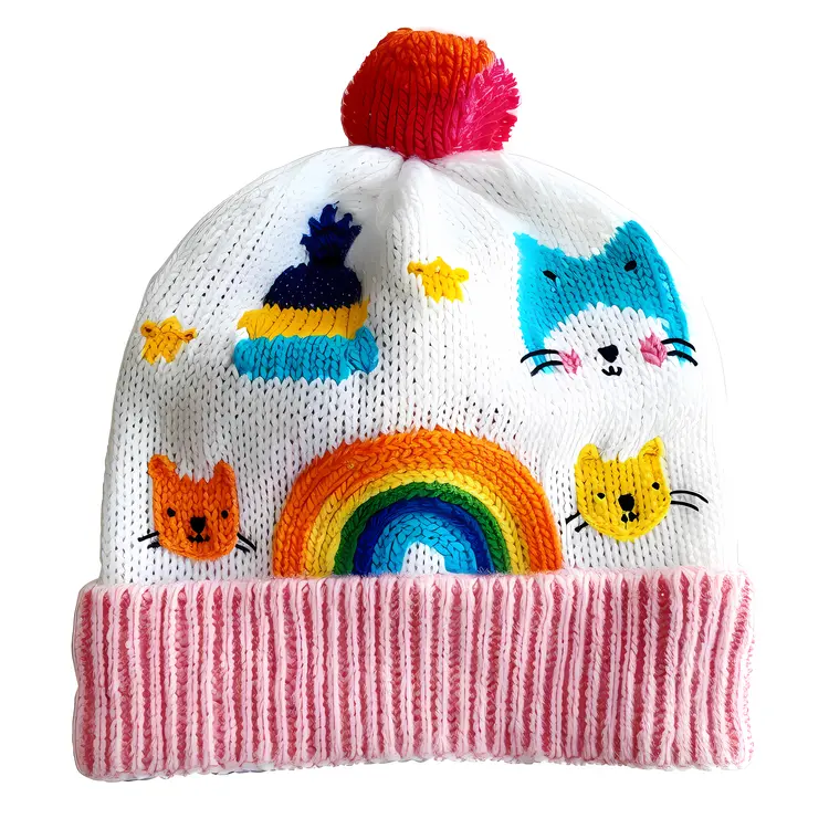 Knitted Hat with Rainbow and Cats