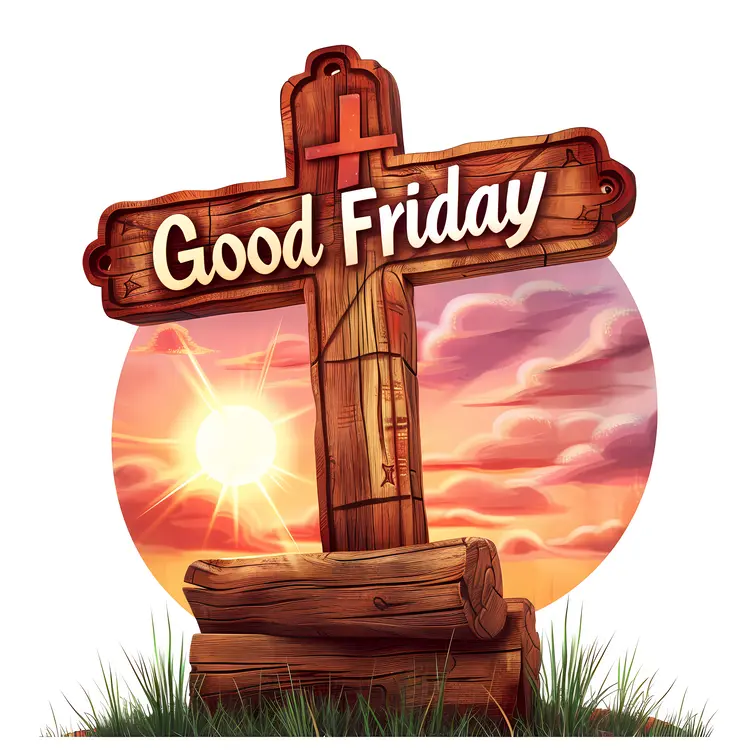 Wooden Cross with Good Friday Text and Sunset Background
