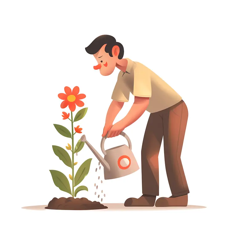 Man Watering a Flower in the Garden