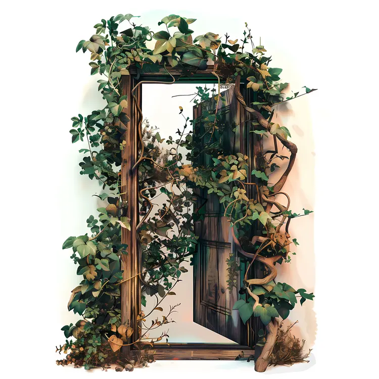 Wooden Door with Vines and Greenery