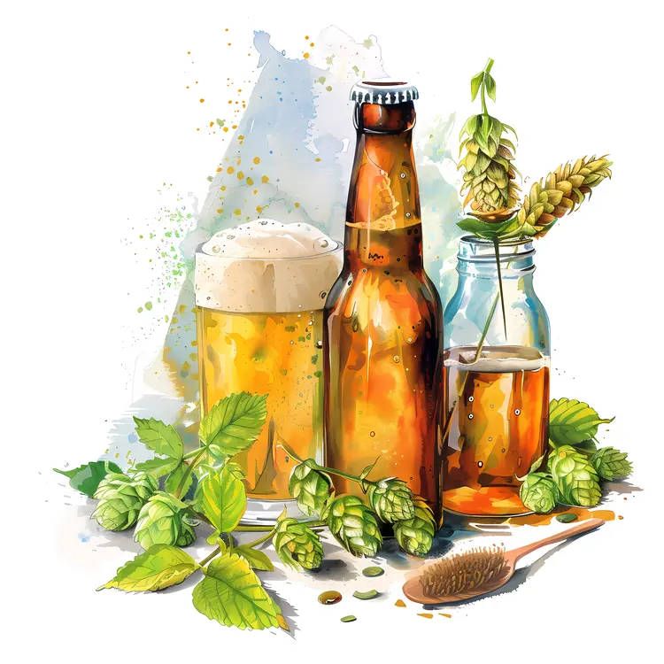 Craft Beer Bottles with Hops and Leaves