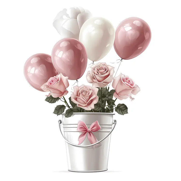 Pink and White Roses with Balloons in a Bucket