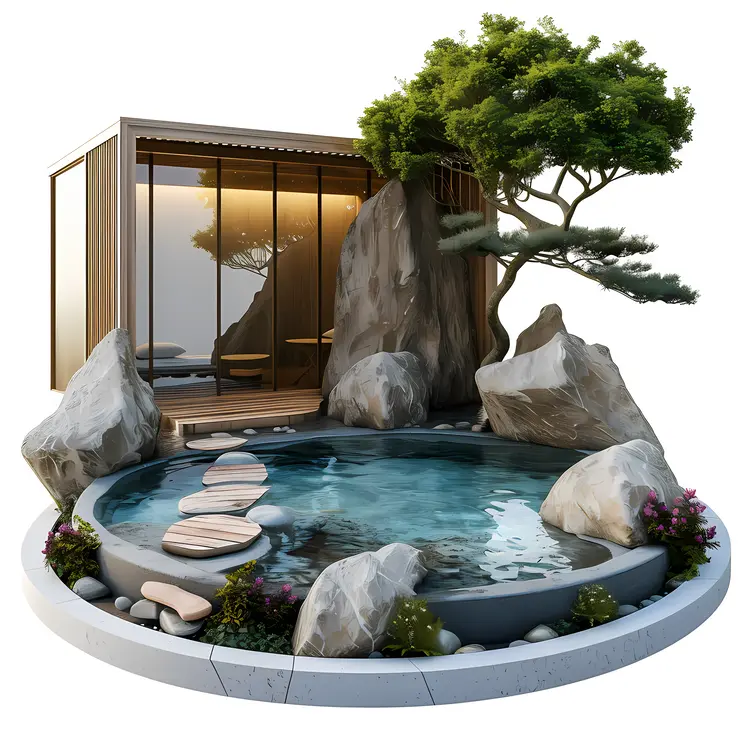 Modern Hot Spring with Rocks and Tree