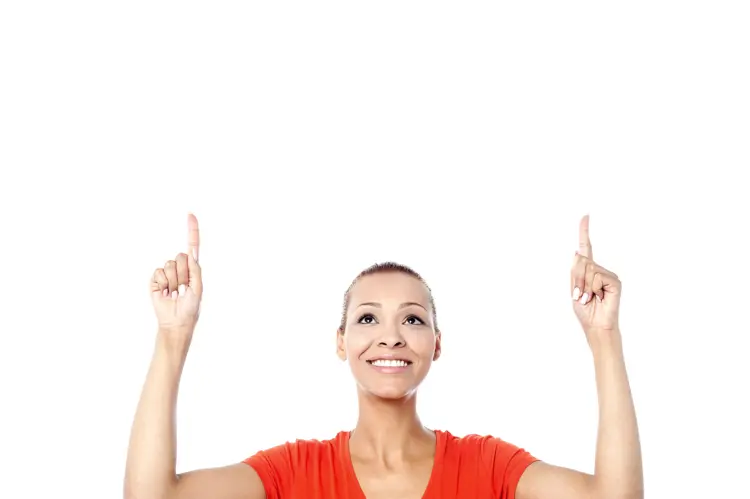 Woman in Red Shirt Pointing Up