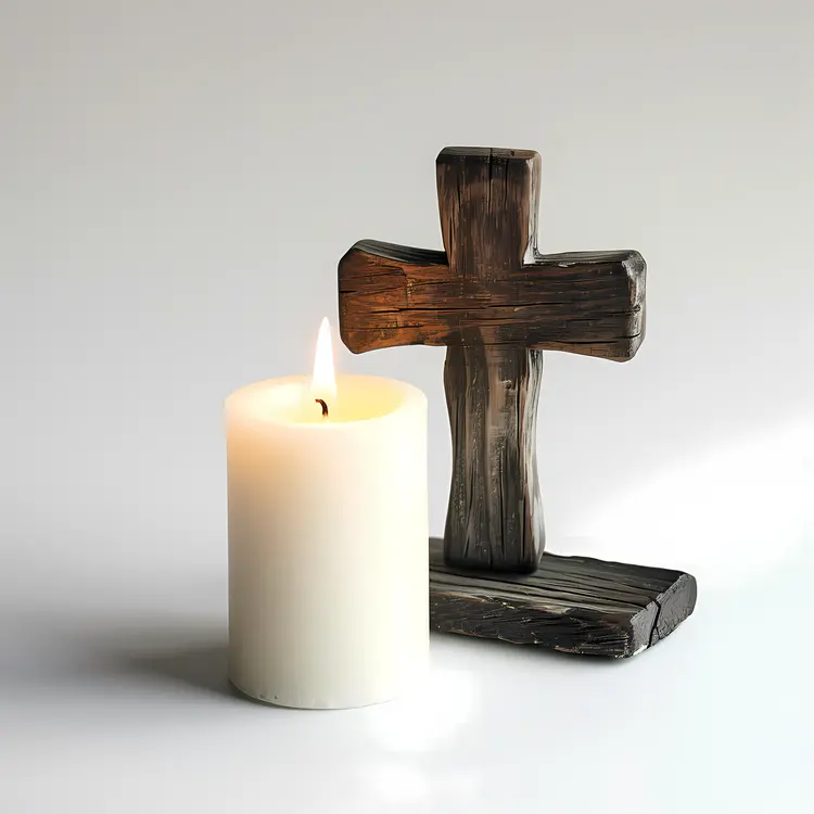 Candle and Wooden Cross on White Background
