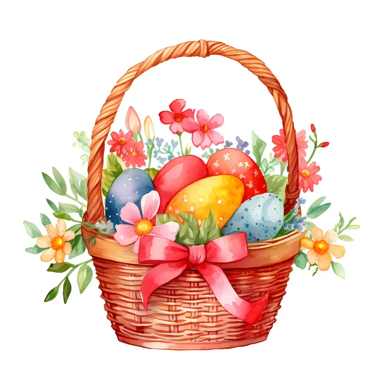 Easter Basket with Colorful Eggs and Pink Ribbon
