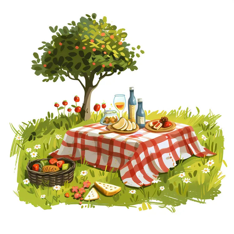 Picnic Table with Food and Tree