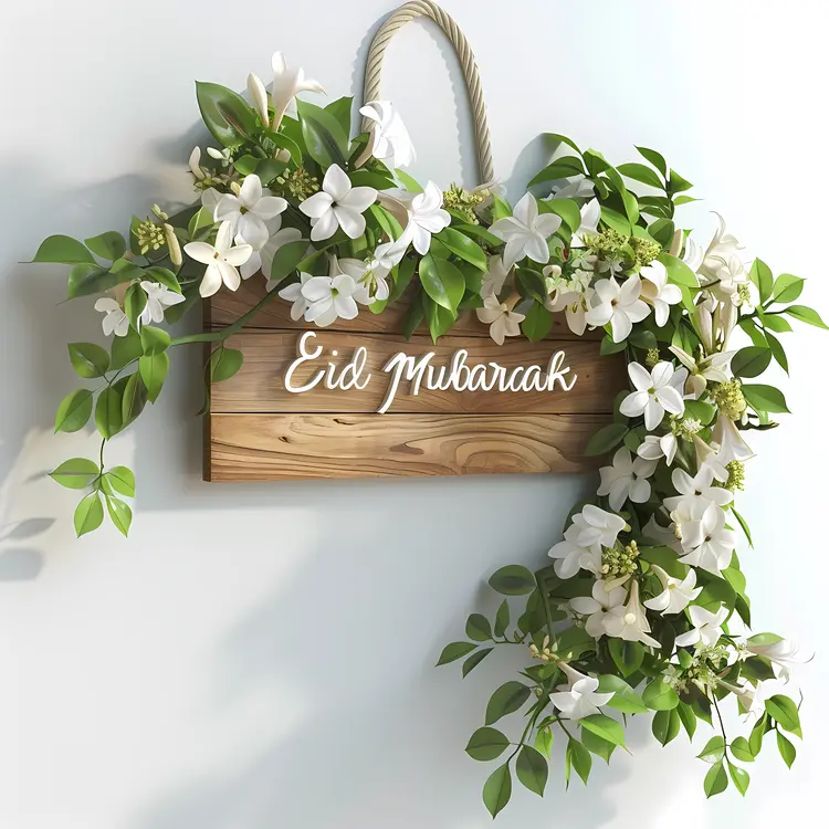 Eid Mubarak Wooden Sign with White Flowers