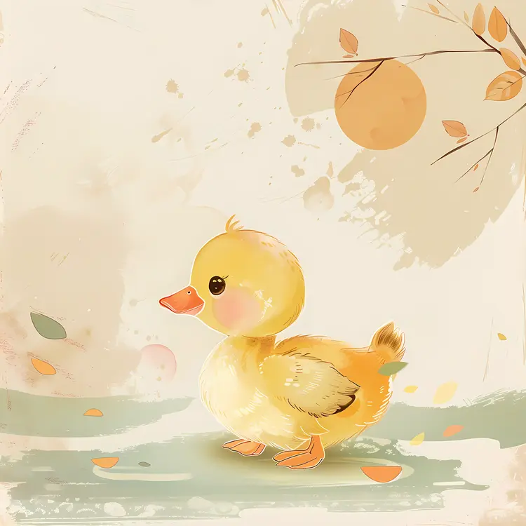 Cute Yellow Duckling in Autumn