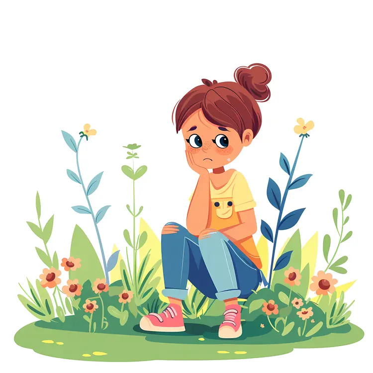 Sad Girl Sitting with Flowers Illustration