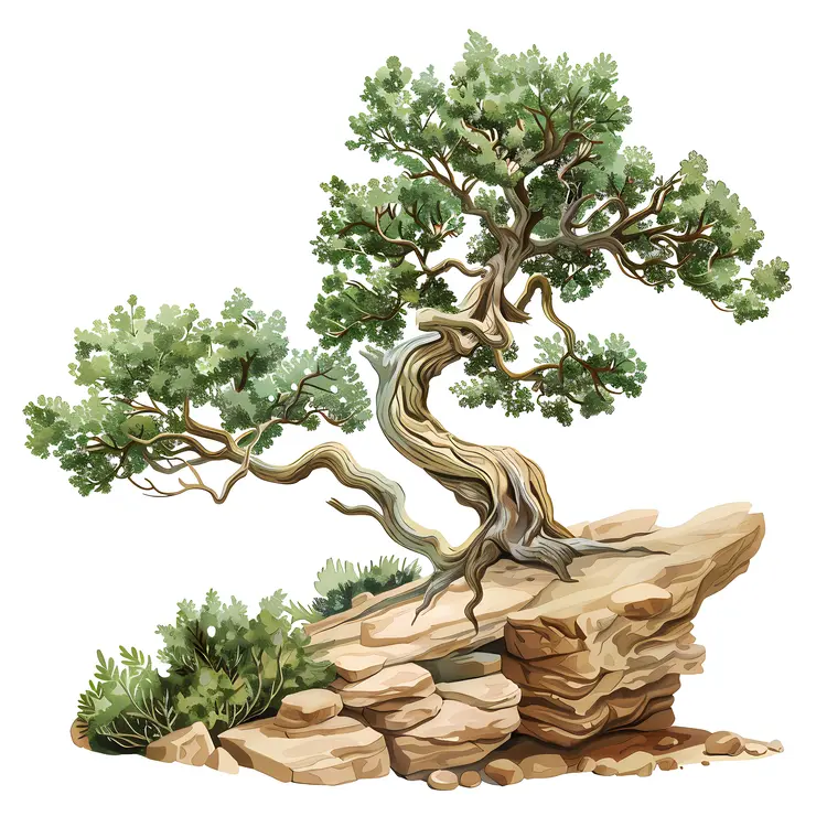 Tree Growing on Rock Illustration