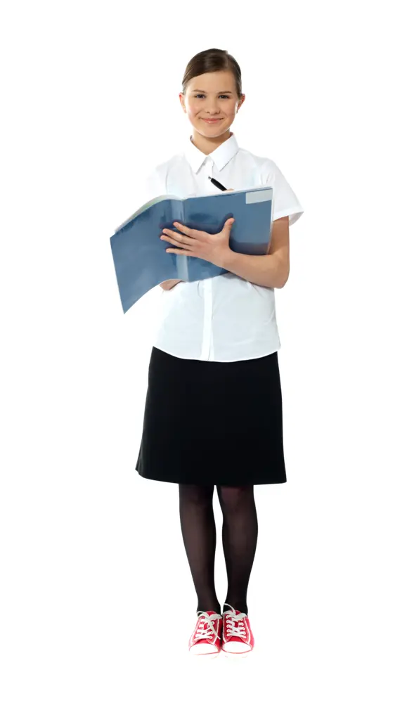 Student Girl in Uniform Holding Blue Folder