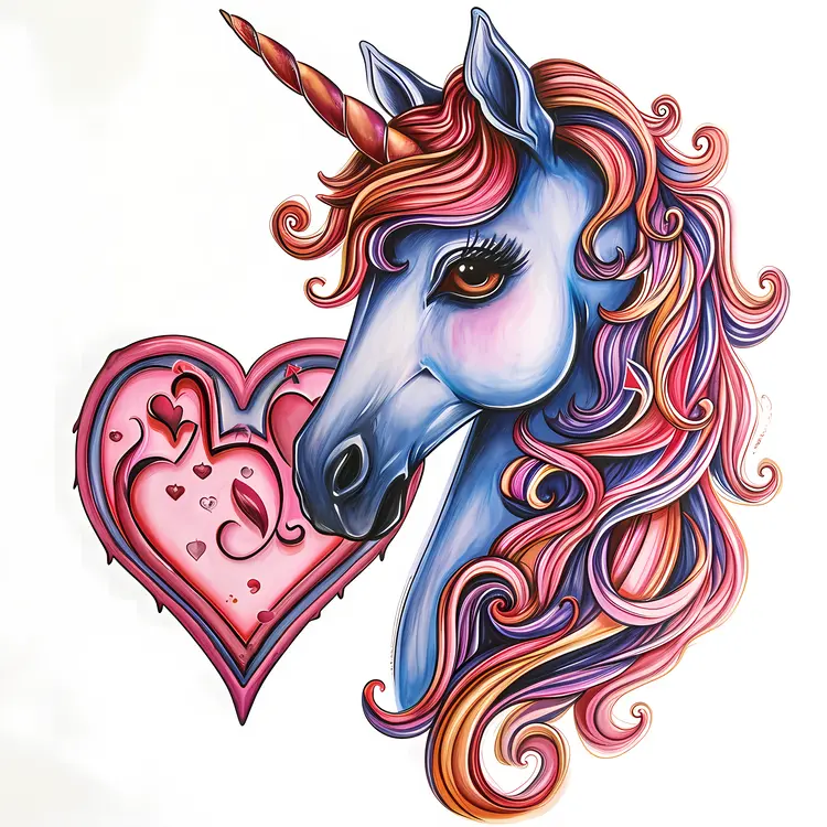 Unicorn with Colorful Mane and Heart