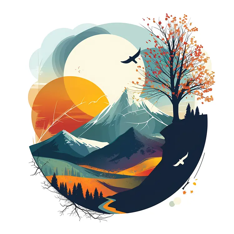 Abstract Mountain with Tree and Sun