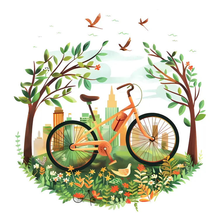 Orange Bicycle in Nature with Cityscape Background