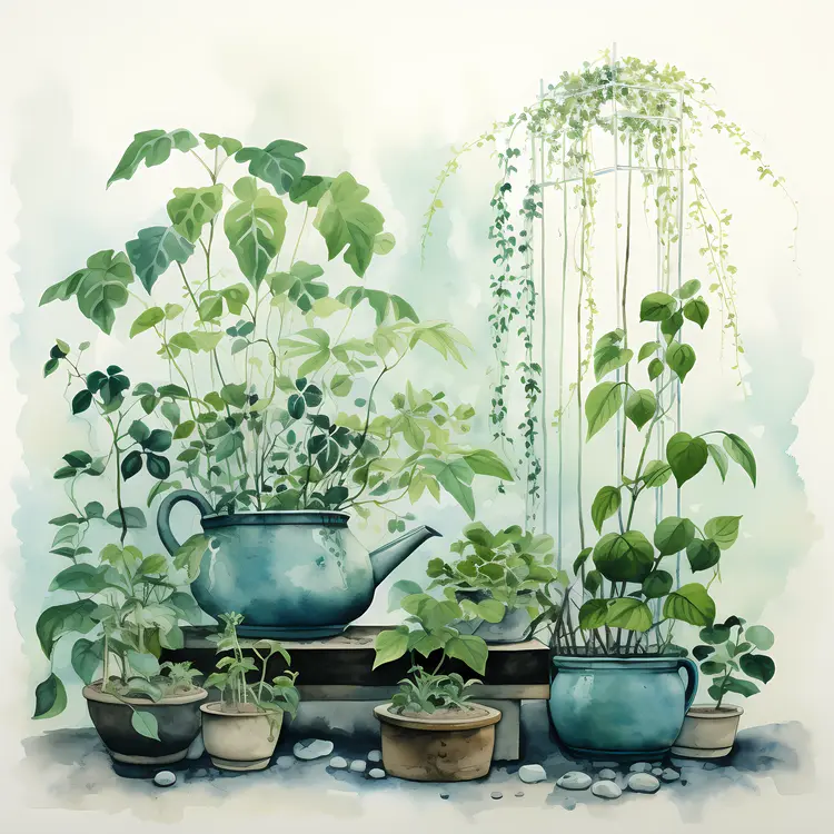 Teapot and Pots with Plants Illustration