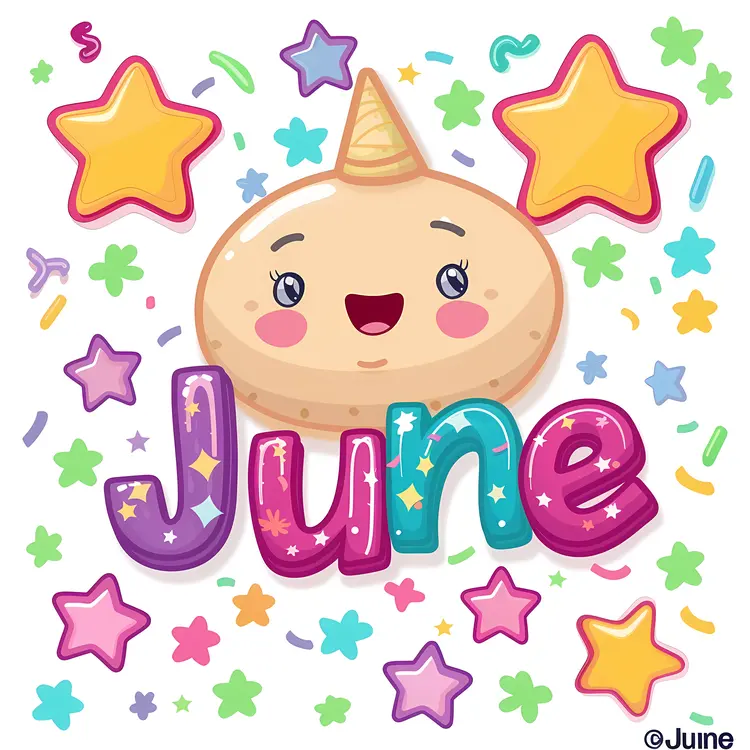 June Text with Stars and Cute Character