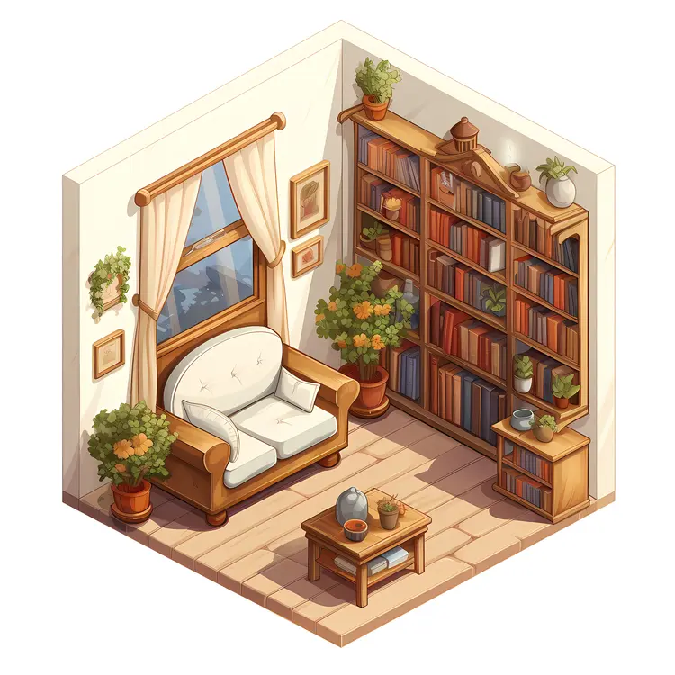 White Armchair with Bookshelf and Plants
