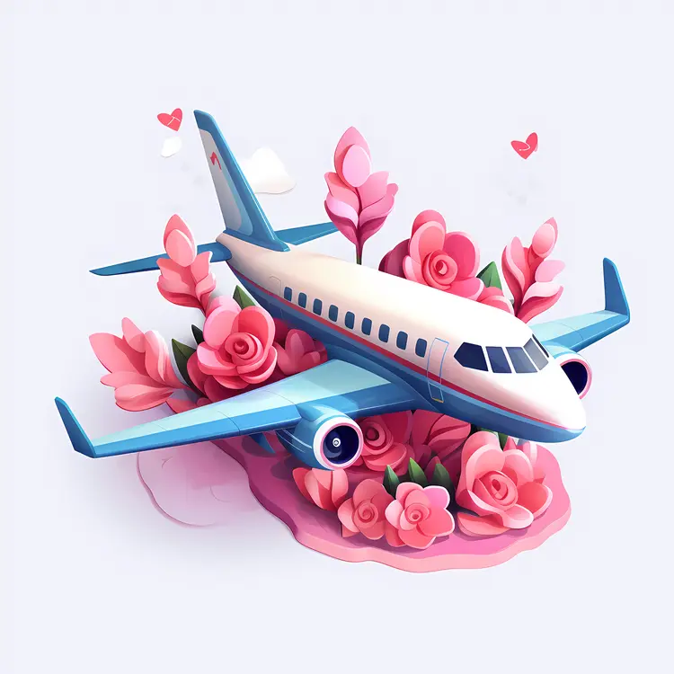 Airplane with Pink Flowers and Hearts