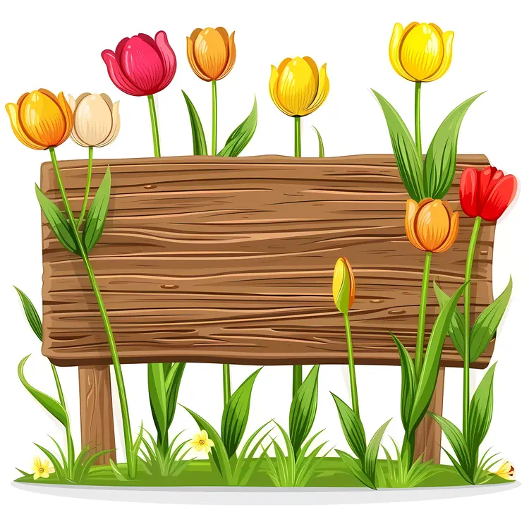 Wooden Sign with Colorful Tulips in a Garden