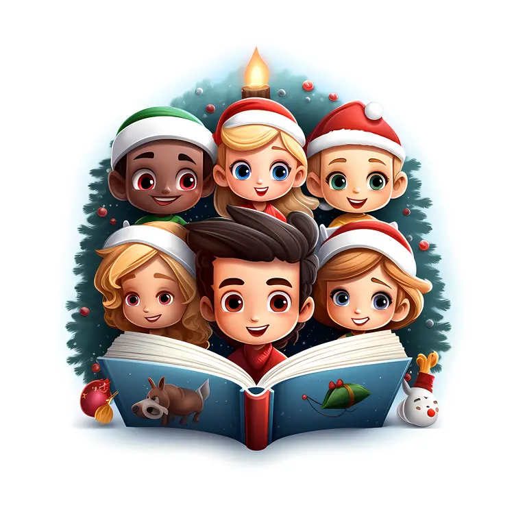 Children Reading with Christmas Hats