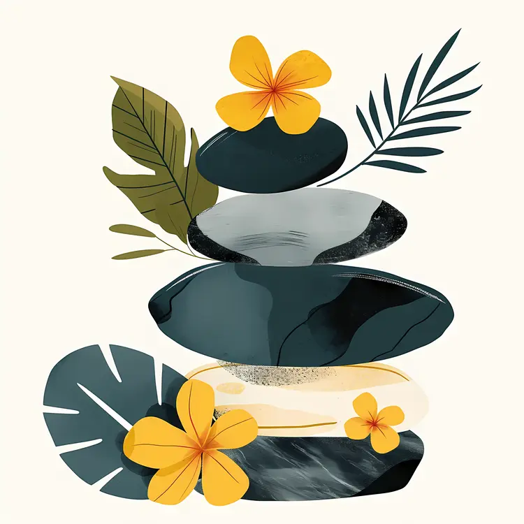 Zen Stacked Stones with Yellow Flowers