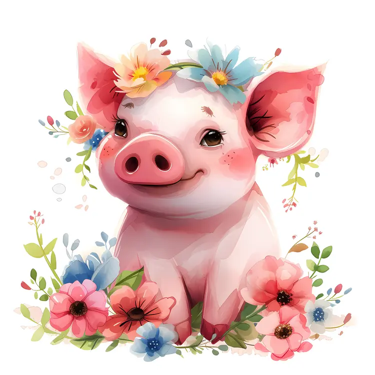 Smiling Piglet Surrounded by Blossoms