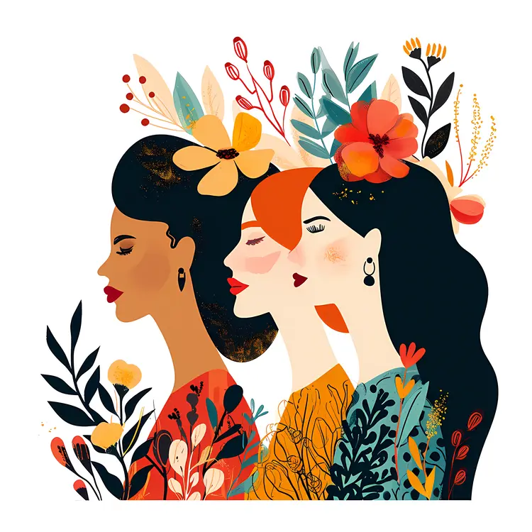 Three Women with Floral Background