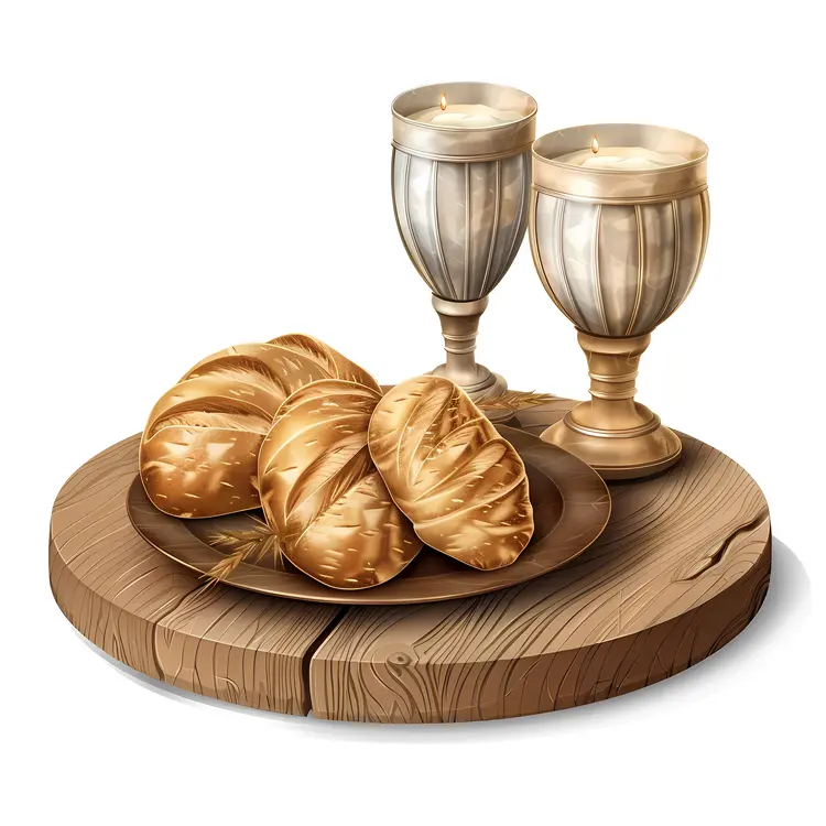 Bread and Goblets on Wooden Tray