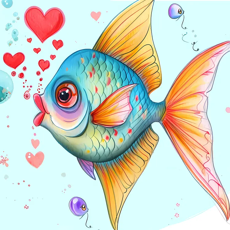 Yellow and Blue Fish with Hearts