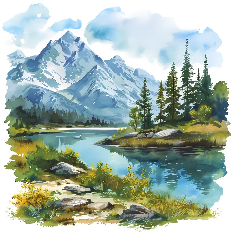 Watercolor Mountain Lake with Pine Trees